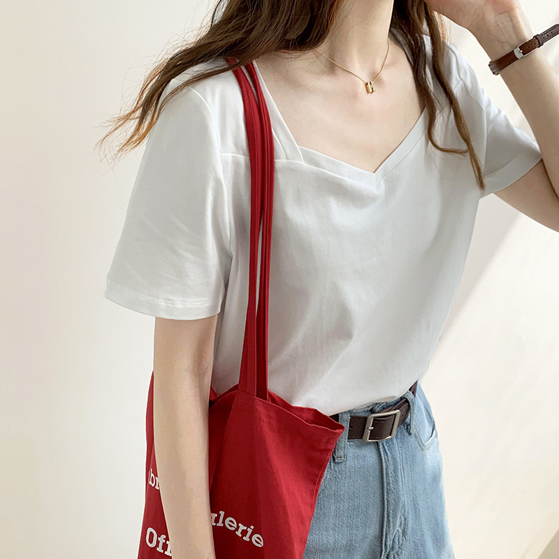 A 010 # [180g Double Grinding] French Square Collar Exposed Collarbone New Short-Sleeved T-Shirt Women's Top with Discreet Design