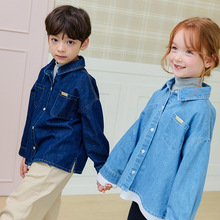 儿童长袖衬衫25秋季新款男女童牛仔衬衣宝宝休闲纯色方领百搭外套