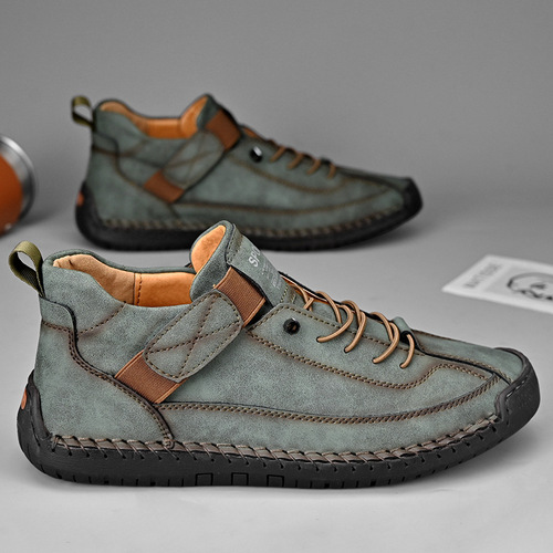 Trendy leather shoes for plus-size men, outdoor workwear with retro stitching, mid-heel, fashionable and casual men's leather shoes