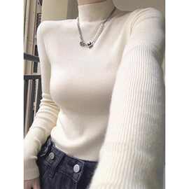 半高领针织衫女早秋季春秋杏色打底衫修身显瘦内搭毛衣高级感上衣