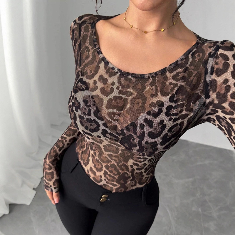 European and American Cross-Border Independent Station 2025 Summer New Women's Fashion Transparent Leopard Print Mesh Round Neck Long-Sleeved Slim T-Shirt European and American Cross-Border Independent Station 2025 Summer New Women's Fashion Transparent Leopard Print Mesh Round Neck Long-Sleeved Slim T-Shirt