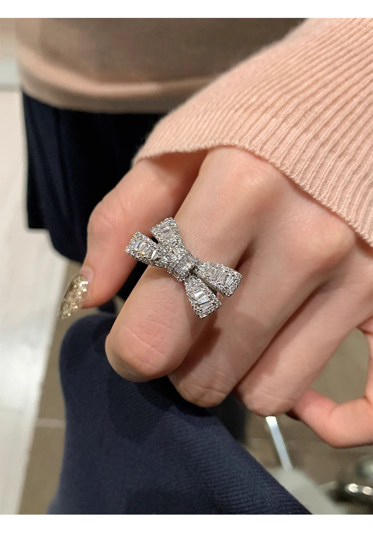 Sterling Silver Bowknot Zircon Ring For Women Adjustable Designer_voghion.com