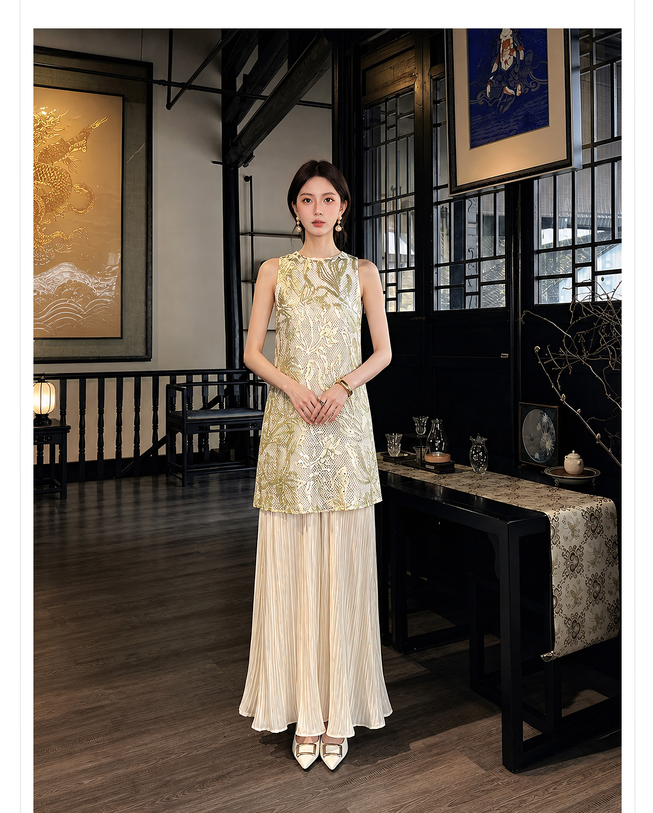 Đầm maxi nữ thắt eo phong cách Tân Trung Hoa họa tiết thêu nổi — Trà cà phê chi tiết 20