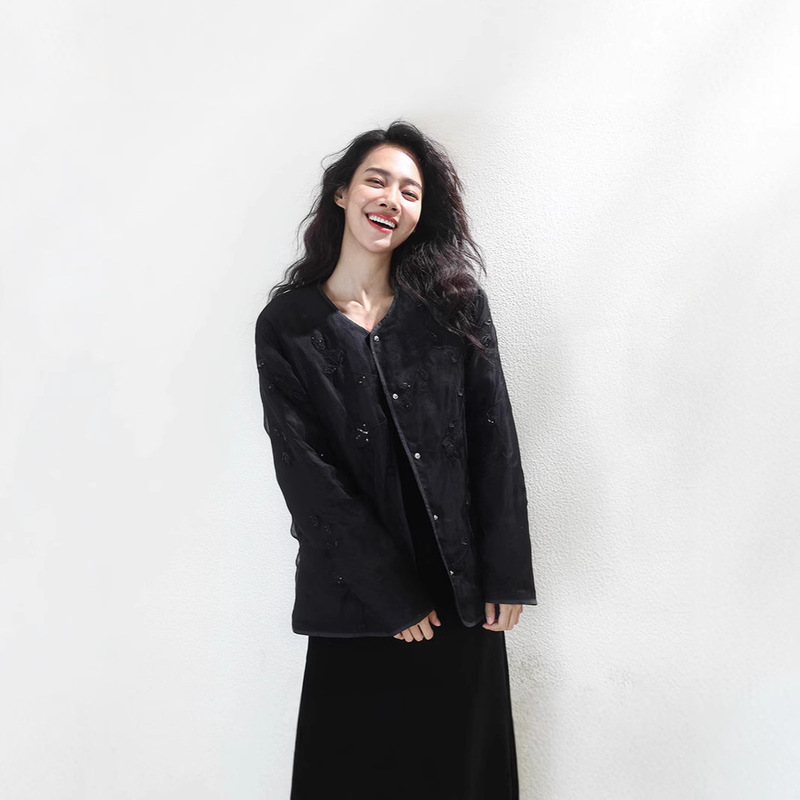 Fall/Winter Mulberry Silk Guofeng Coat Heavy Industry Sequin Embroidered 90 Goose Down Jacket 75066