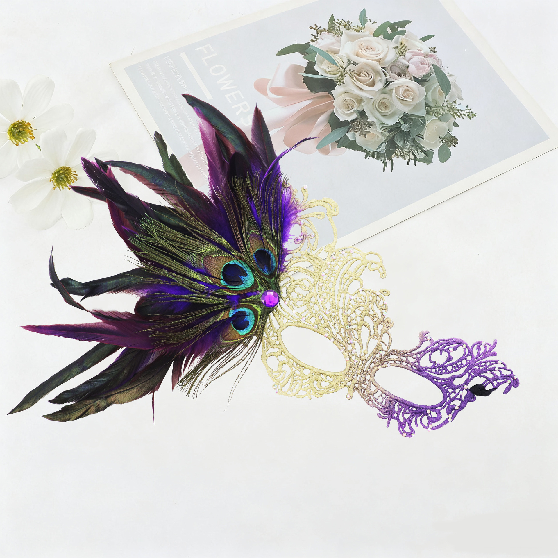 Carnaval transfronterizo máscara de encaje dorado y púrpura máscara de Halloween máscara de mitad de cara sexy