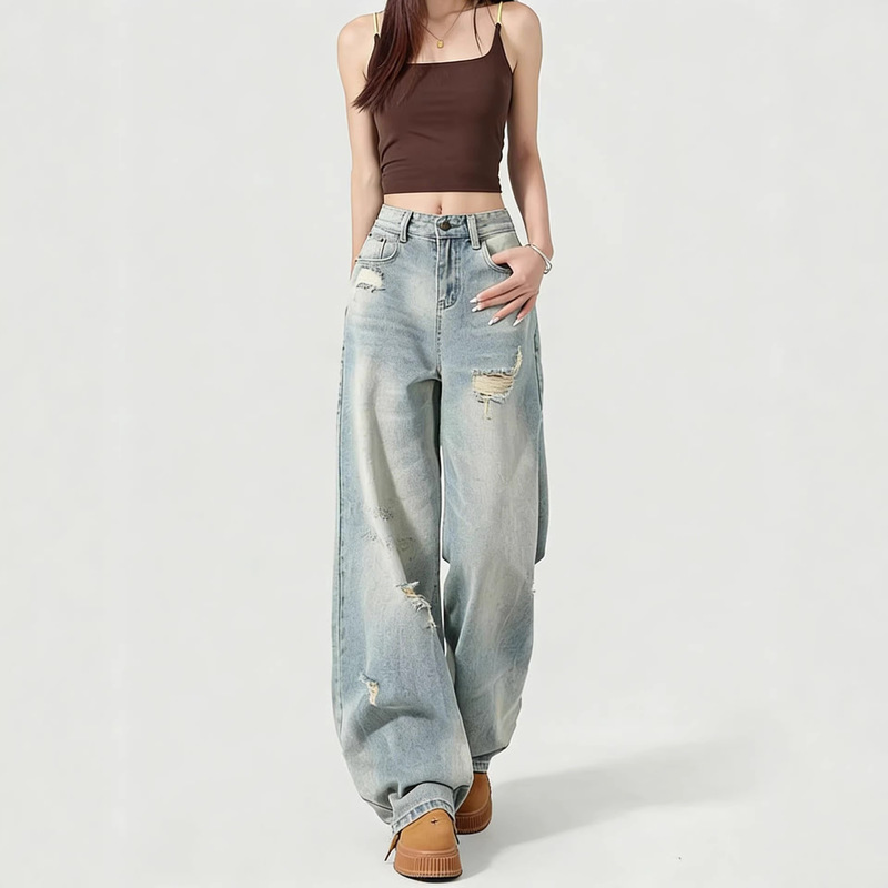 American Retro Straight-Leg Ripped Jeans for Women, Spring and Autumn, Plus Size, Loose Fit, High-Waisted, Slimming, Petite Wide-Leg Pants