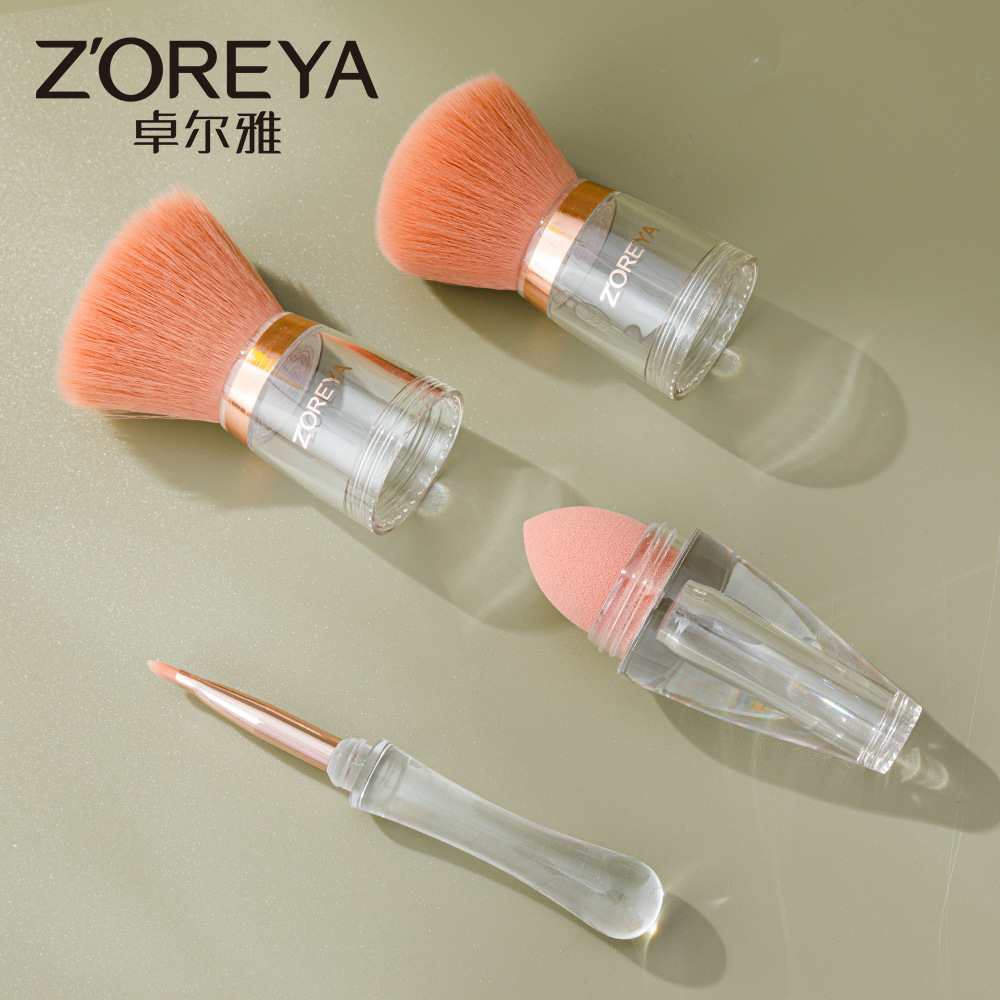 Zhuoerya herramientas de belleza cepillo de contorno al por mayor puff puntiagudo cepillo de labios a prueba de polvo reemplazo de doble cabeza cepillo de maquillaje tres en uno