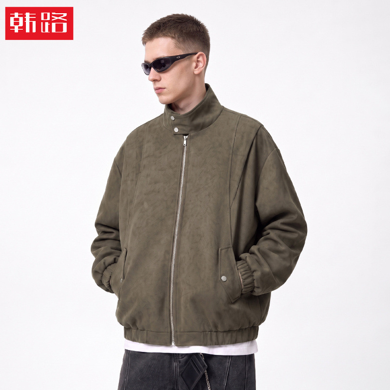 Han Lu | American Retro Distressed Faux Tie-Dye Pu Leather Jacket for Men, Autumn Short Wide Silhouette Stand Collar Biker Jacket.