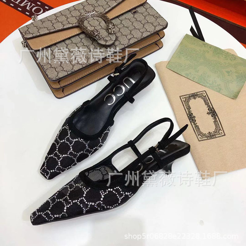 Mesh Baotou Sandals Women's 2022 Summer New G Home One Character Buckle Belt Rhinestone Square Head Cat Heel Fashion High Heel Shoes s