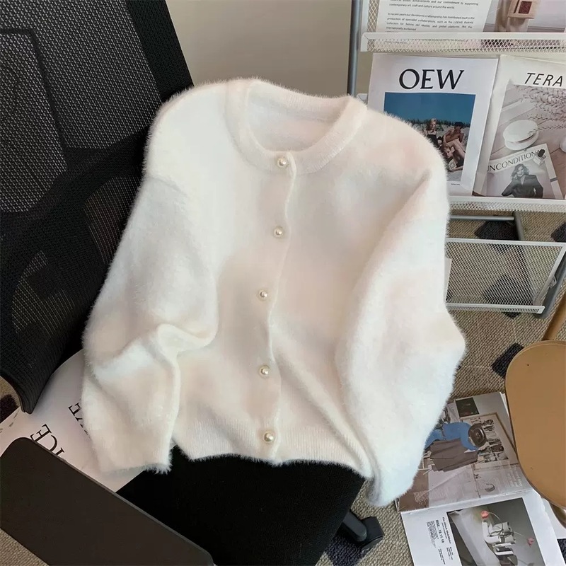 欧美跨境仿貂绒宽松毛衣女秋冬新款慵懒风软糯珍珠扣针织开衫外套|undefined