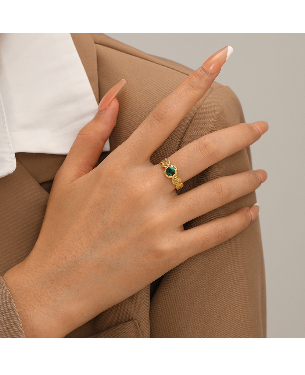 Fashion Round Stainless Steel Inlay Turquoise Open Ring 1 Piece