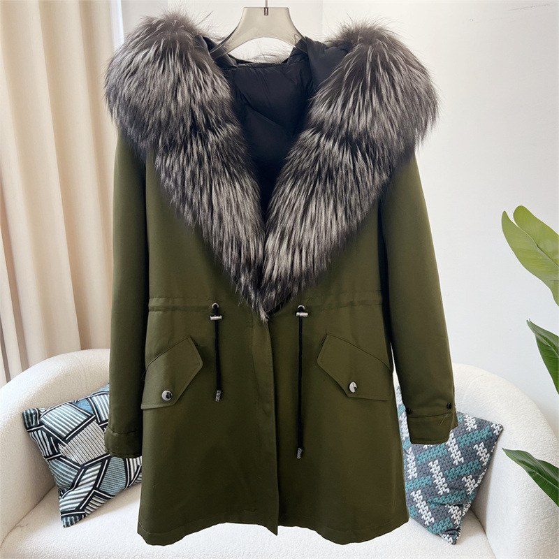 Damenbekleidung Abnehmbarer Parka aus Fuchspelz Mittellanger Kapuzenmantel_voghion.com