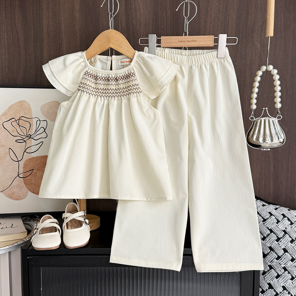 Girls' Flutter Sleeve 2025 Summer New Versatile Top Casual Wide-Leg Pants Two-Piece Fashion Set