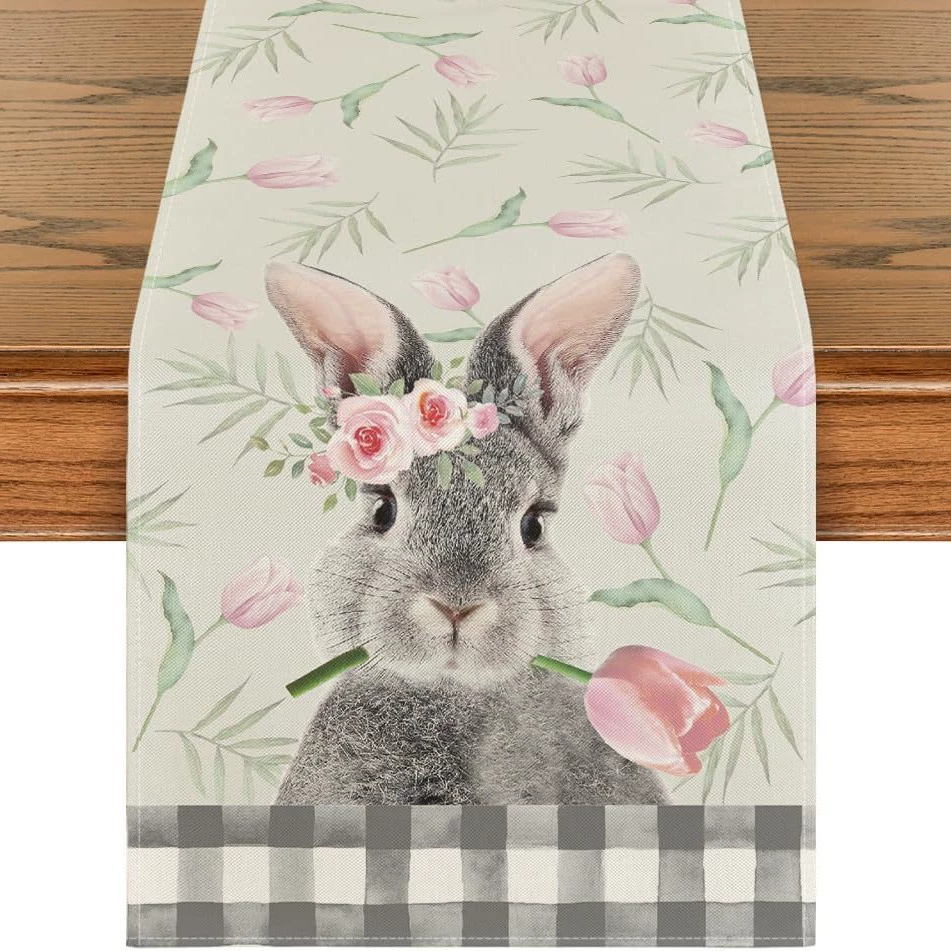 Amazon Best Selling Easter Bunny Egg Table Runner Restaurant Tabletop Holiday Party Home Decoration Table Runner