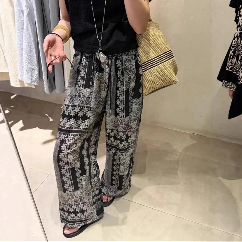 2025 Summer New Loose Elegant Ice Silk Straight Pants Casual Retro Printed Drawstring Elastic Waist Wide Leg Pants for Women