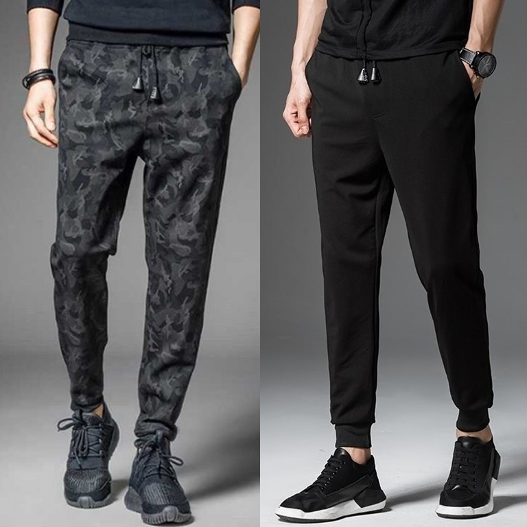 2020新款男式休闲裤春秋季系绳收腰长裤男韩版青少年迷彩运动裤子