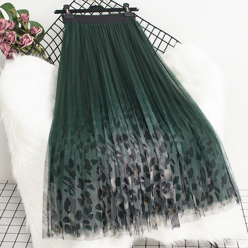 Юбка-миди из сетки с леопардовым принтом, осень-зима 2025, новая модель с высокой талией, утягивающая, плиссированная, популярный стиль.