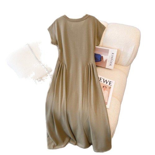 Casual and elegant V-neck short-sleeved dress for summer, large size, fat girls, pear-shaped body, waist-in, slimming, meat-covering straight skirt 