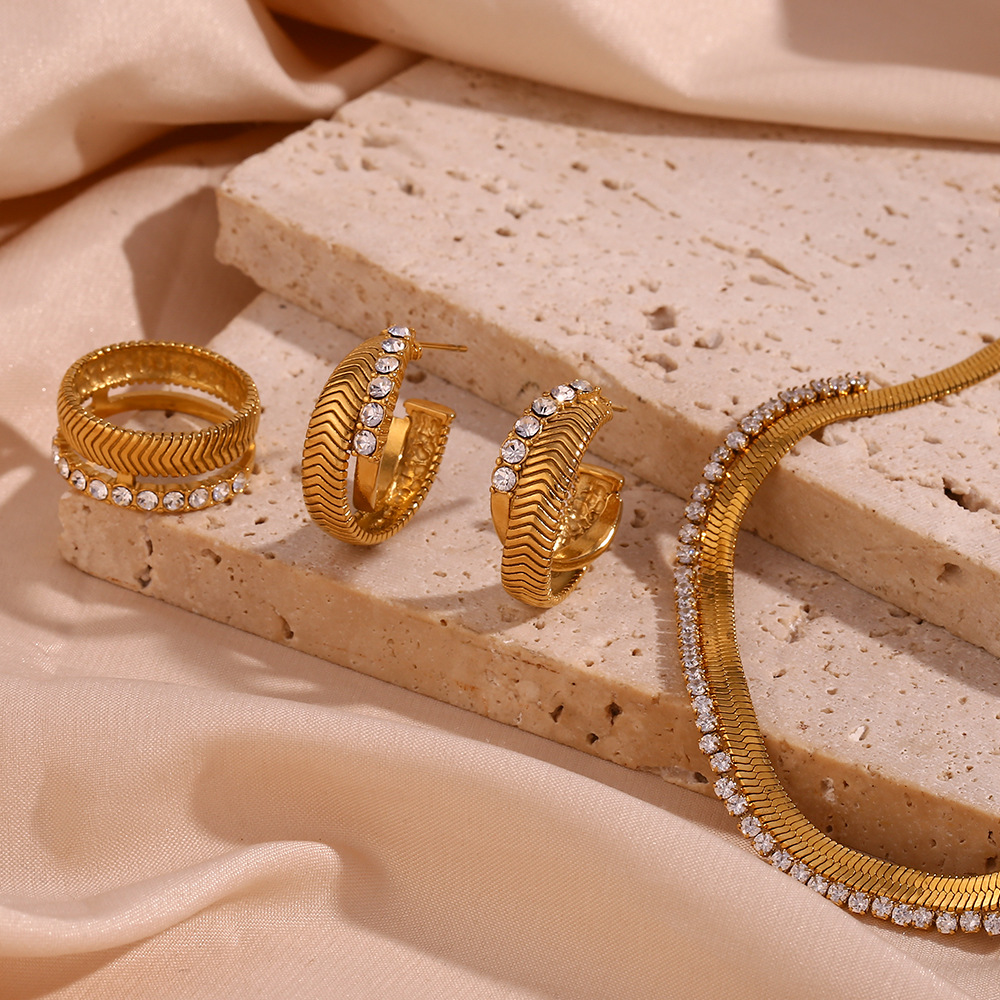 Temperament Micro-inlaid Stitching Stainless Steel Necklace Earrings Ring Sets