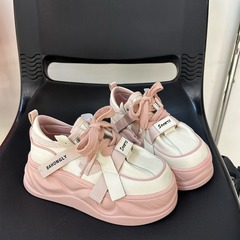栢香妮BAHONGLY麵包小白鞋女2024新款厚底增高真皮鬆糕粉色老爹鞋