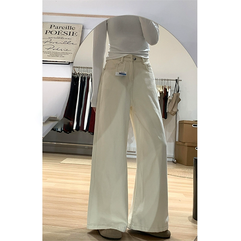 Американские ретро светлые джинсы женские зимние белые толстые и высокие талии тонкие прямые брюки широкие брюки холодные брюки