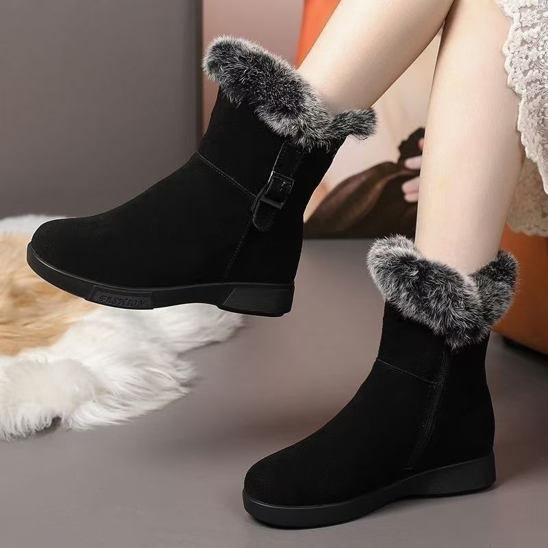 2024 Cross-Border Winter New Casual Women's Round-Toe Flat Thick Fur Side Zipper Women's Snow Boots Cotton Shoes Casual Versatile