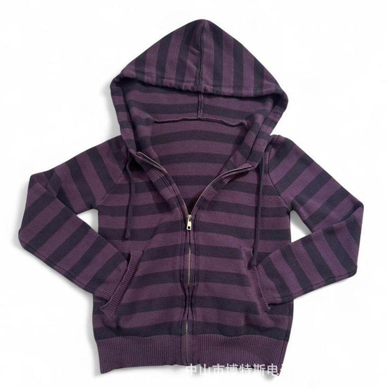 Vintage American-Style Purple and Black Striped Hooded Casual Loose-Fitting Everyday Versatile Zip-Up Long-Sleeve Sweatshirt Jacket Top