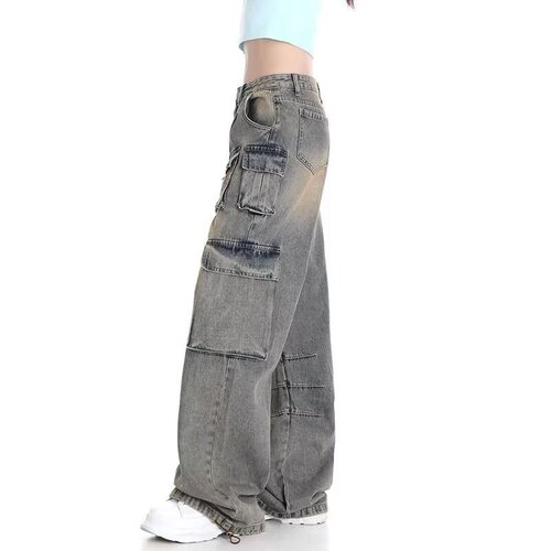 Pocket Design American Retro Work Pants for Women 2025 Wide Leg Denim Loose Trendy Brand Vibe Pants