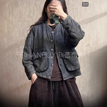 砂洗炒色棉衣 2025秋冬新款 圆领夹棉外套复古休闲压格棉服上衣女