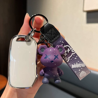 and Women's Cross — Car key bag - kia-e-smart-3-key-single-shell-white-purple-violent-bear-pendant