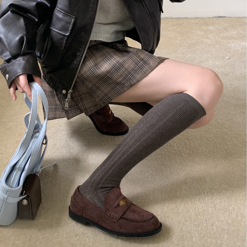 Spring and Autumn New Japanese Style Long Tube Socks, Melard Color Double Needle Dark Pattern Vertical Stripe Knee-High Calf Socks, Ins Trendy Socks Wholesale