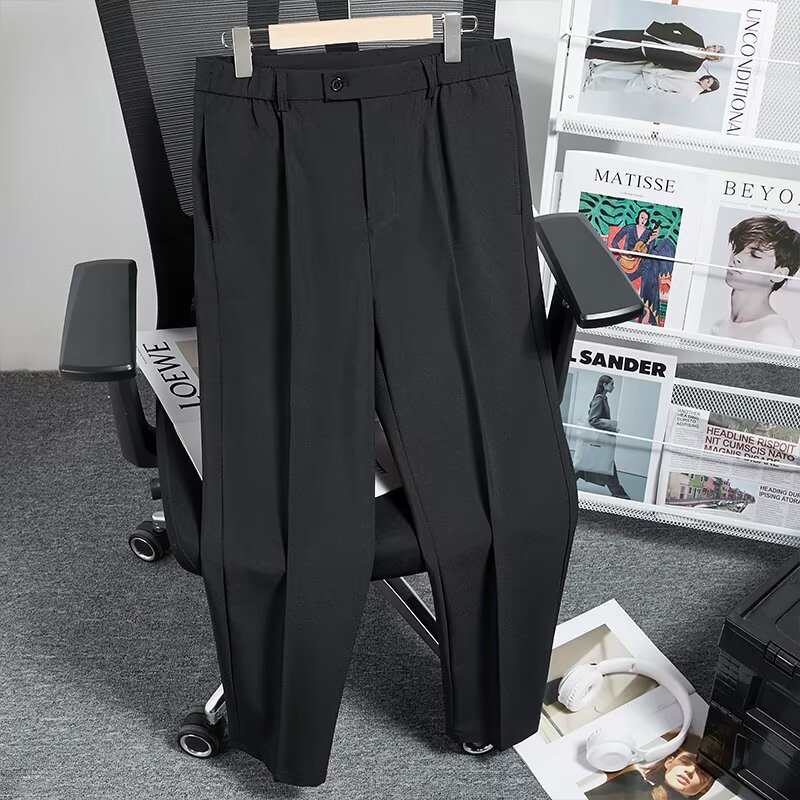 Elastic Waist Cropped Dress Pants for Men, Spring and Summer Korean Style, Slim Fit, Straight-Leg, Tapered, Casual Suit Pants, Trendy