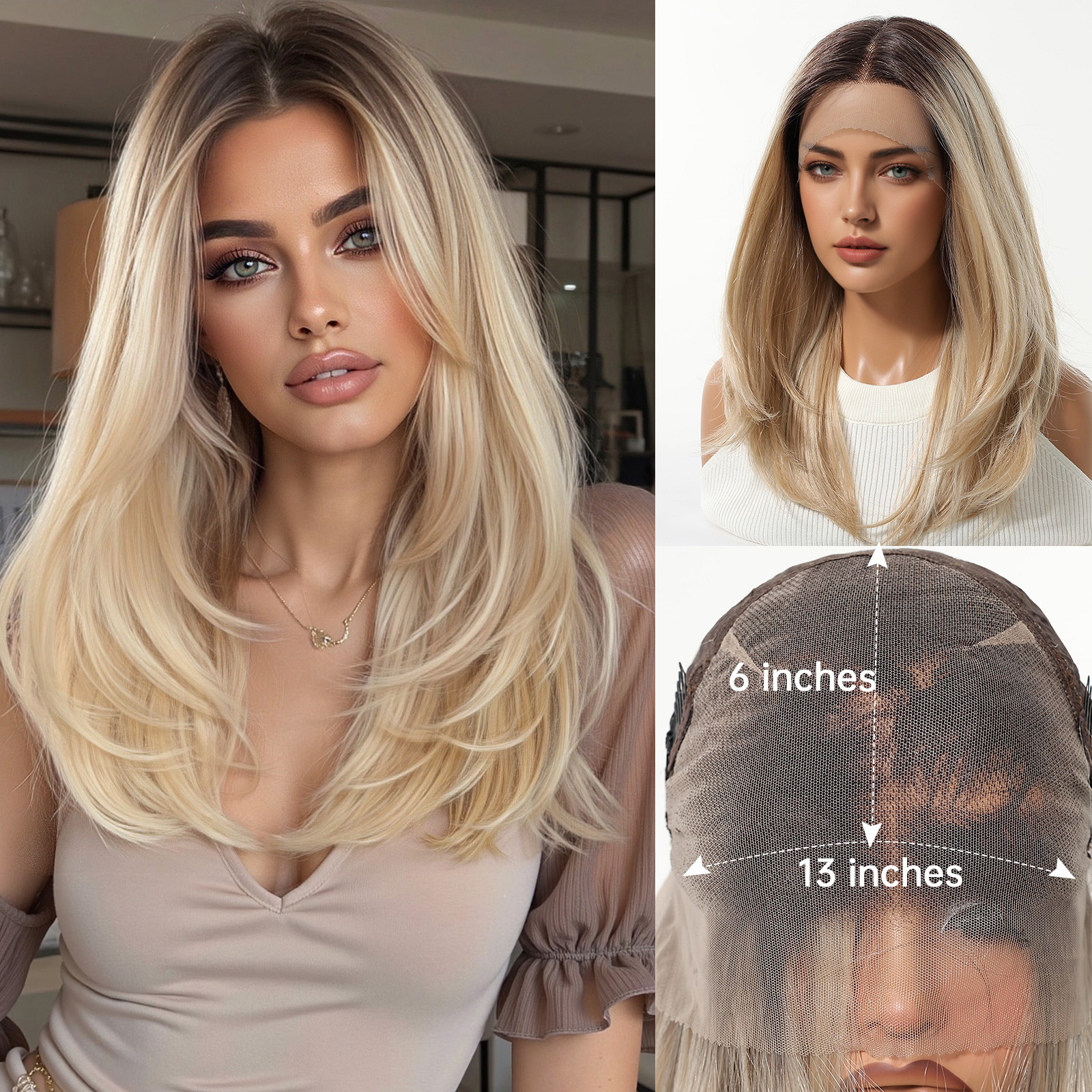 13 * 6 gran área de gradiente dorado pelucas de encaje femenina libre cosida cabello suave suave fibra química pelucas de encaje image 11