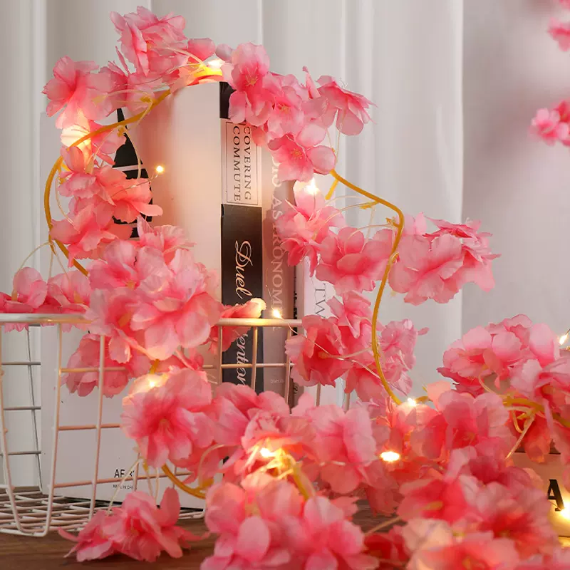 跨境仿真粉色樱花藤条led铜线灯串太阳能彩灯婚礼圣诞节装饰灯