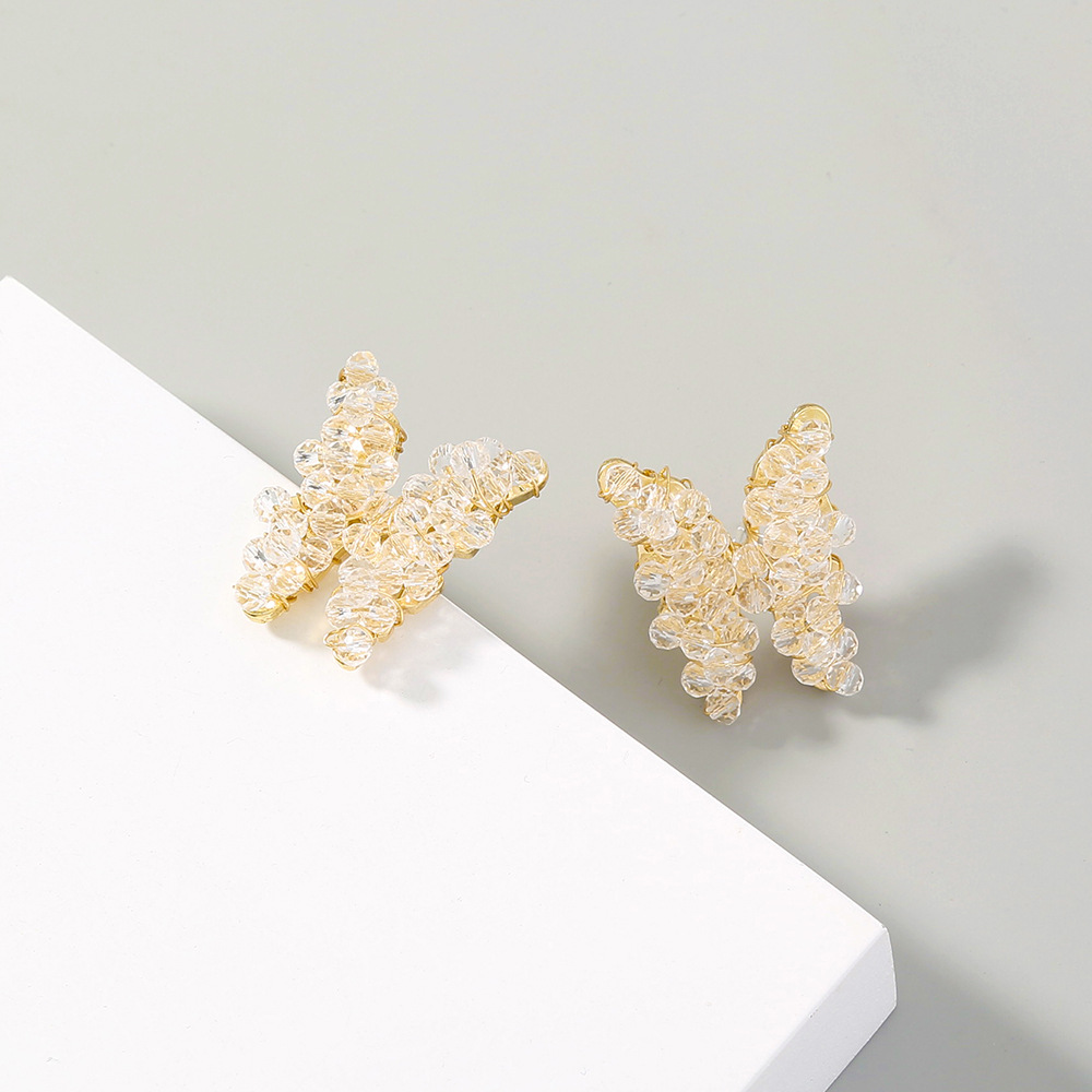 Fashion Golden Hand-wound Transparent Crystal Beads Pointed Wing Butterfly Earrings display picture 4