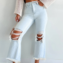 2024跨境外贸 欧美亚马逊新款时尚宽松破洞直筒牛仔裤女装