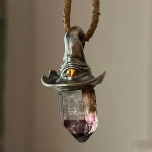 Cross-border Yuji Retro Natural Amethyst Hexagonal Column Witch Hat Pendant Niche Unique Simple Pendant