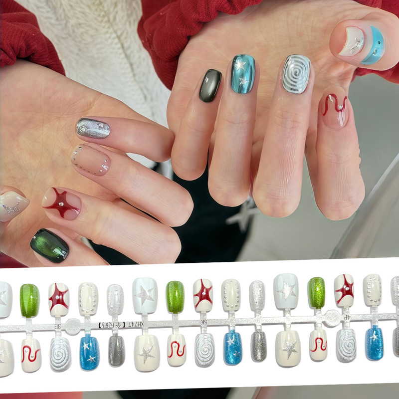 Tiktok Trending Wen Qi Y2K Niche Design Wearable Nails with Silver Glitter, Cat Eye, Unisex Style Nail Stickers for an Atmospheric Look Tiktok Trending Wen Qi Y2K Niche Design Wearable Nails with Silver Glitter, Cat Eye, Unisex Style Nail Stickers for an Atmospheric Look