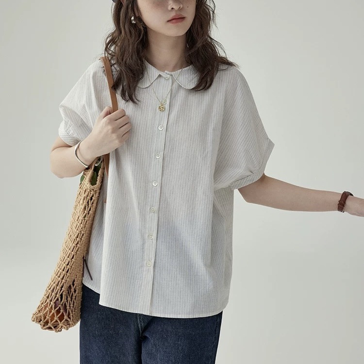 "Beidao" Japanese-Style Youthful Striped Doll Collar Shirt for Women, Summer Loose Versatile Casual Short-Sleeve Shirt "Beidao" Japanese-Style Youthful Striped Doll Collar Shirt for Women, Summer Loose Versatile Casual Short-Sleeve Shirt