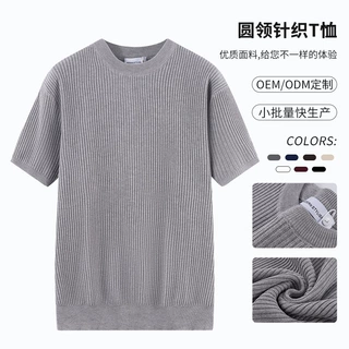 圆领针织T恤细条纹针织衫t恤男秋季薄款短袖针织男士打底衫现货