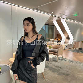 深圳南油高端女装欧美原单字母刺绣美拉德复古高级时髦皮衣套装女