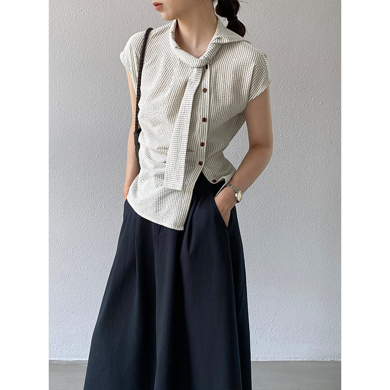 Jiangzuo Daily Striped Short-Sleeve Shirt for Women, Summer Cotton Asymmetrical Design with Ribbon and Raglan Sleeves Top 1902