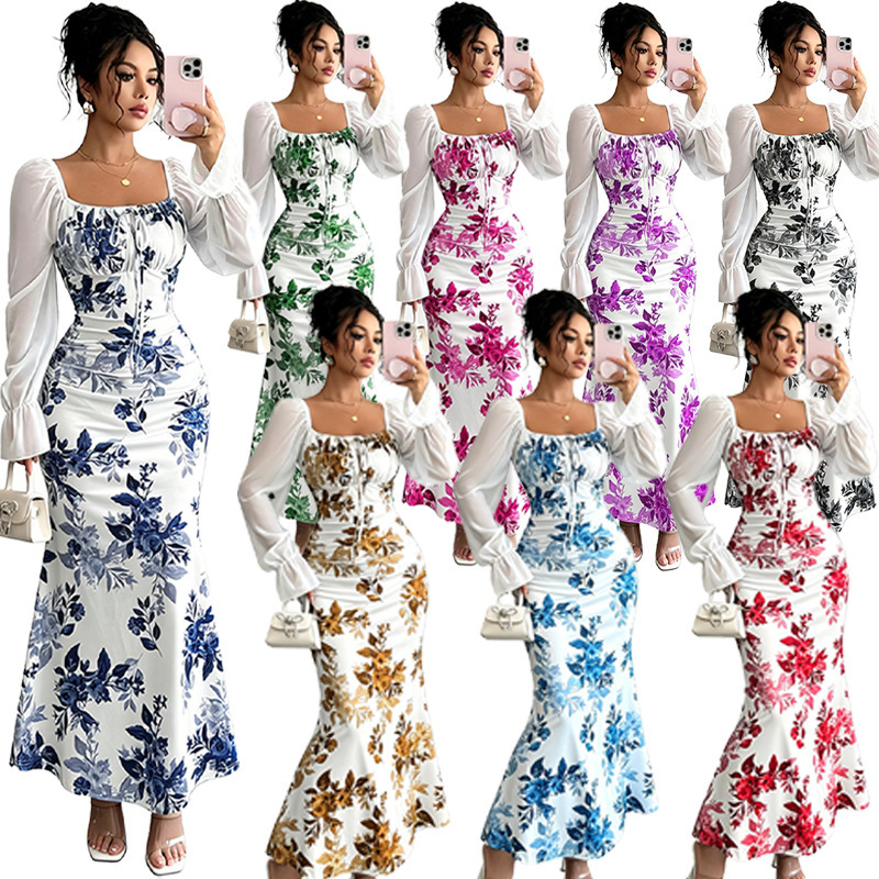 M605 Cross-Border Women's Clothing Square-Neck Chiffon Dress with Bowknot, Puff Sleeves, Waist-Cinching Design, Slimming and Elegant Long Dress