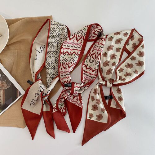 Spring New Red Pointed Double Satin Small Long Strip Hair Scarf Women Lightweight Version Japanese Matchable Summer Korean
