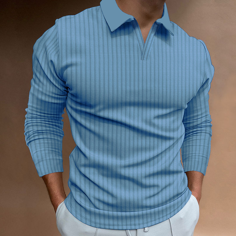 Camisa Polo para Hombre, Estilo Europeo y Americano, Comercio Transfronterizo, Otoño, Fitness, Casual, Cuello Alto, Manga Larga, Rayas Verticales, Cuello en V