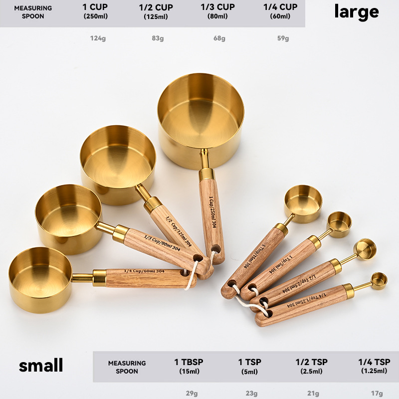 304 ステンレス鋼計量スプーン計量カップセット木製ハンドル計量カップ計量スプーン 4 点セットスケール付きゴールデン計量スプーン計量カップ 8 個|undefined