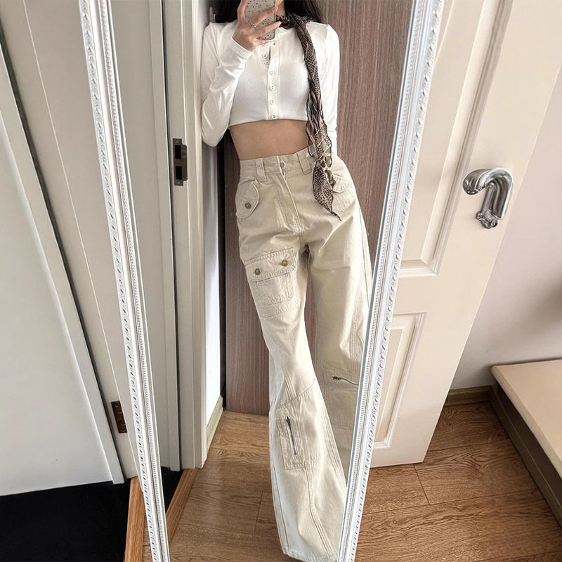 美式水洗杏色拉链设计感牛仔裤女春季宽松阔腿休闲工装直筒长裤潮|undefined