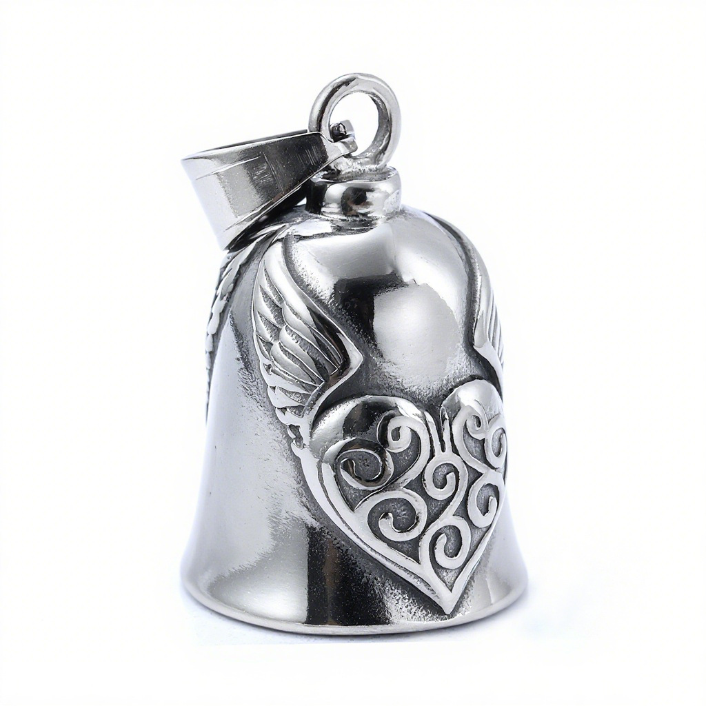 Moto de personalidad europea y americana transfronteriza, santo patrón de la conducción, material de acero inoxidable, alas de amor, campana, negro retro