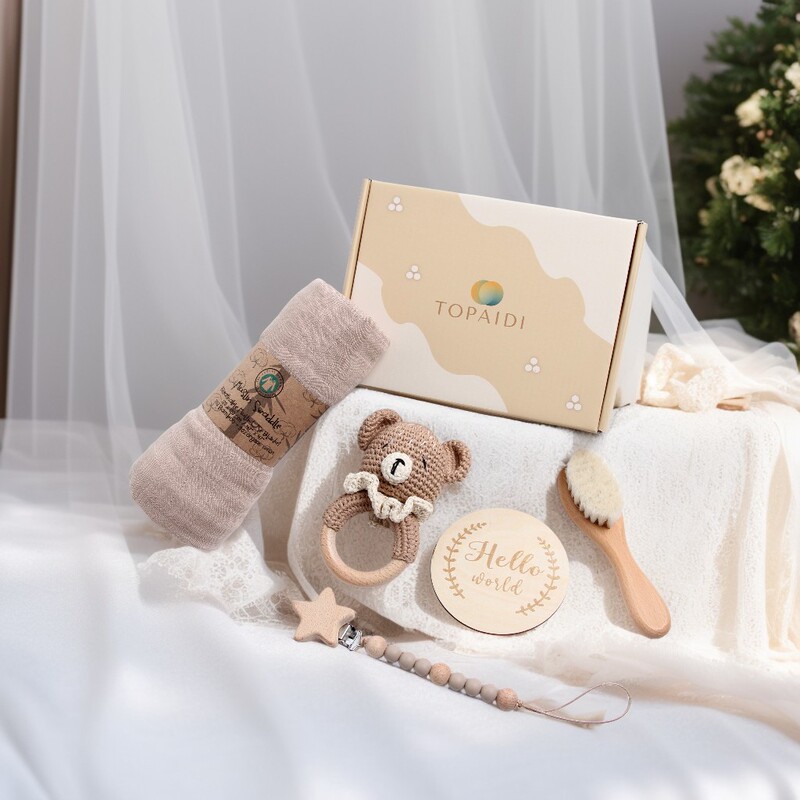 EtsyINS Amazon wooden cotton rattle bath towel baby wrap towel newborn gift box suit hello world