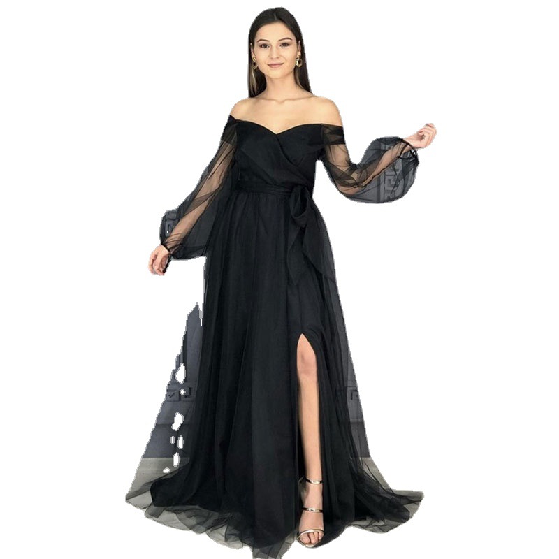 El comercio exterior de Europa y América Amazon AliExpress deseo de las Mujeres Nuevo cuello en V fuera del hombro vestido de noche negro malla de manga larga